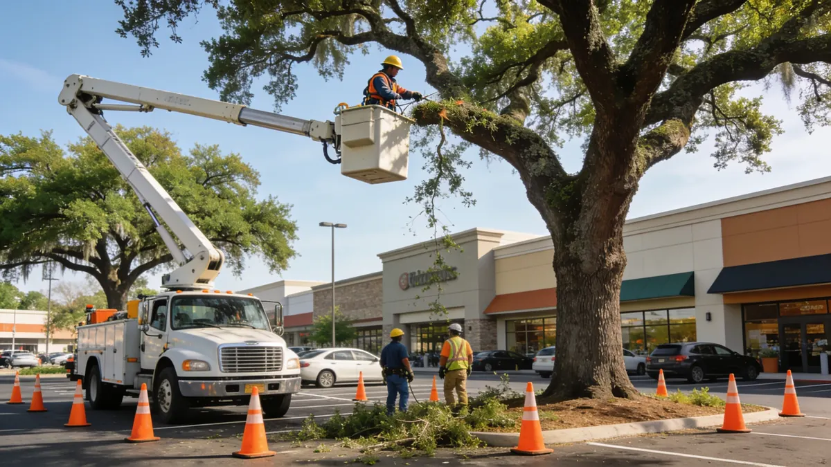 Tree crew working at a Houston commercial property