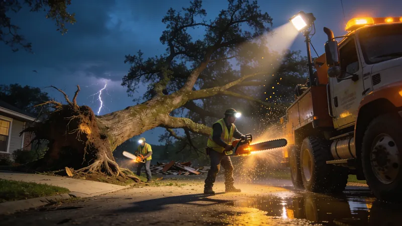 Storm-fallen tree blocking a Houston driveway before emergency removal