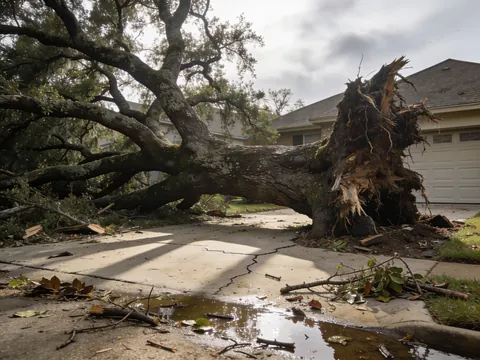 Before: tree fallen across a driveway after a storm