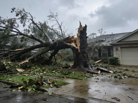 Before storm cleanup: fallen tree across a yard