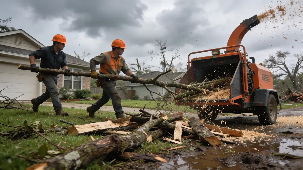 Tree crew clearing storm debris and fallen limbs in a Houston yard