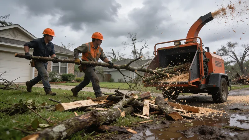 Tree crew clearing storm debris and fallen limbs in a Houston yard