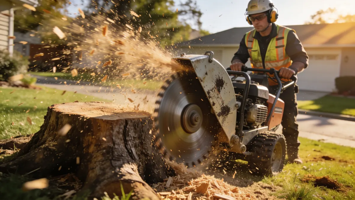 Stump grinder at work in a Houston yard
