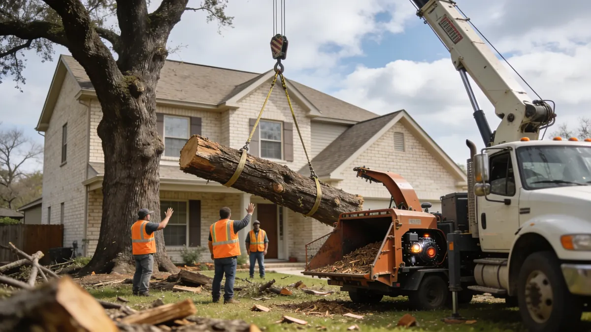 Crew removing a large tree in sections next to a Houston home