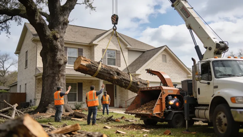 Crew removing a large tree in sections next to a Houston home