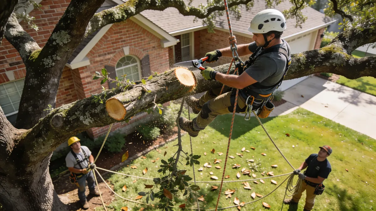 Tree trimming crew working in the canopy of a Houston oak
