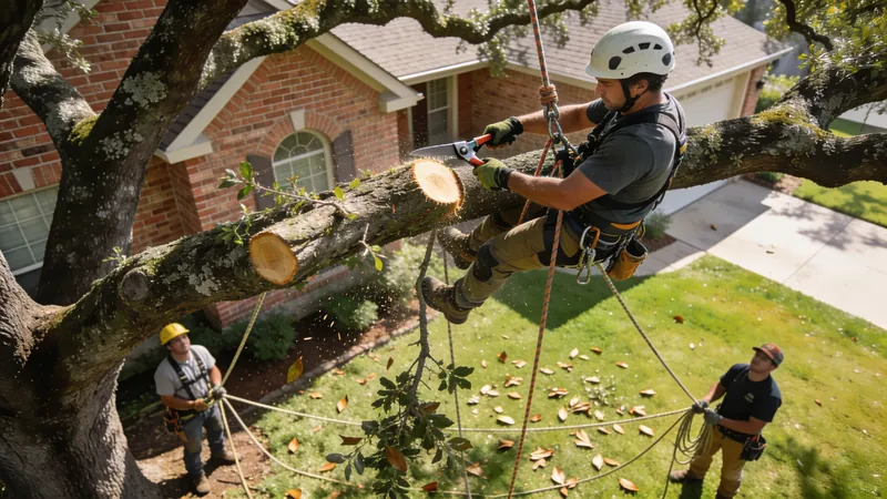 Tree trimming crew cleaning the canopy of a Houston oak